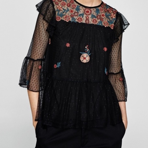 ZARA Basic Original black tulle embroidered top Sz Small Women - Picture 3 of 8